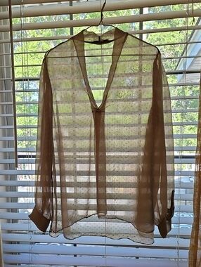 Tempo Paris Sheer Polka Dot Blouse in Taupe/Mushroom and White